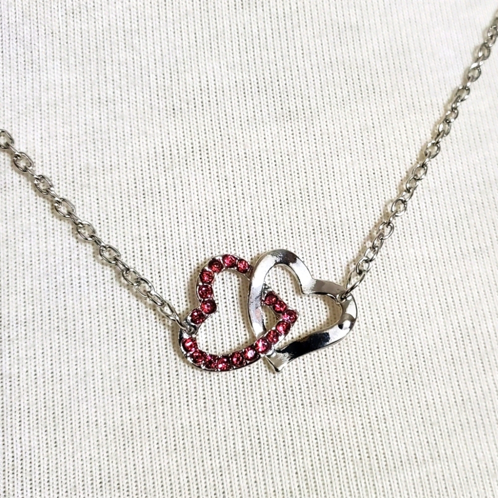 Pink Tourmaline and Silver double heart necklace October Birthstone NWT